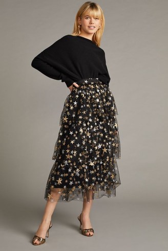 Anthropologie Star-Print Mesh Midi Skirt – tiered sheer overlay skirts – feminine celestial inspired fashion