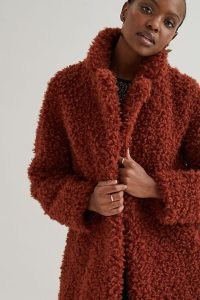 ANTHROPOLOGIE High-Neck Teddy Coat in Terracotta / orange-brown textured coats / faux fur winter coats