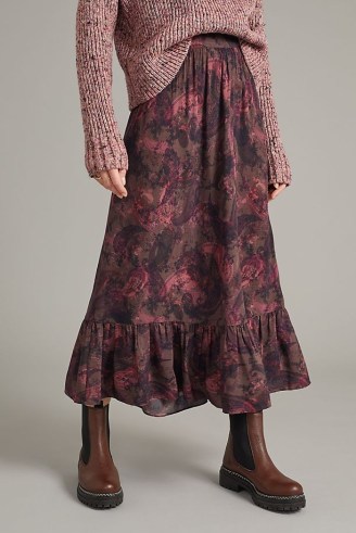 ANTHROPOLOGIE Paisley-Print Midi Skirt / feminine ruffle hem skirts