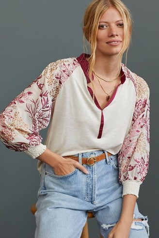 Tiny Floral Embroidered Top / feminine blouson style tops - flipped