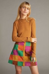 Anthropologie Suede Patchworked Mini Skirt – vintage style A-line patchwork skirts – retro fashion