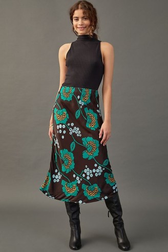 Maeve Satin Bias-Cut Midi Skirt / feminine floral print skirts - flipped