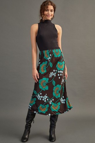 Maeve Satin Bias-Cut Midi Skirt / feminine floral print skirts