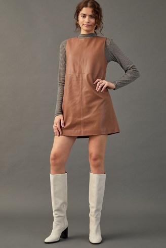 ANTHROPOLOGIE Leather Shift Mini Dress ~ brown sleeveless dresses ~ retro fashion - flipped