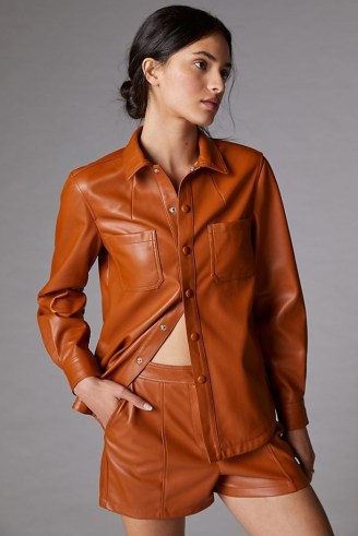 ANTHROPOLOGIE Faux-Leather Short Set in Brown ~ shirt and shorts sets ~ womens luxe style fashion co-ords - flipped