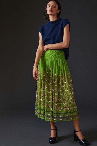 ANTHROPOLOGIE Beaded Tulle Midi Skirt in Green ~ bead embellished net overlay skirts - flipped