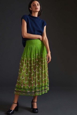 ANTHROPOLOGIE Beaded Tulle Midi Skirt in Green ~ bead embellished net overlay skirts
