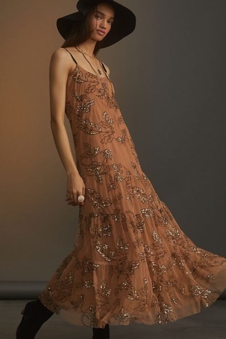 Maeve Sequined Tulle Midi Dress Neutral Motif ~ light-brown strappy sequinned net overlay dresses