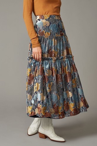 Eva Franco Metallic Midi Skirt ~ floral ruffle tiered skirts - flipped