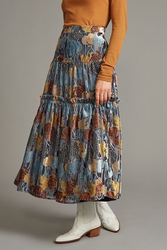 Eva Franco Metallic Midi Skirt ~ floral ruffle tiered skirts