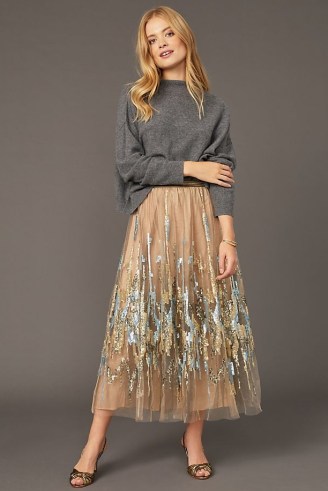 Geisha Designs Sequinned Tulle Midi Skirt in Neutral ~ sequin embellished sheer net overlay skirts - flipped
