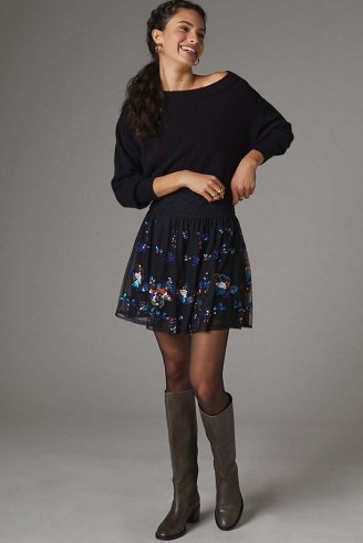 Anthropologie Sequined Tulle Mini Skirt in Black ~ sequin and bead embellished floral skirts ~ sequinned net overlay - flipped