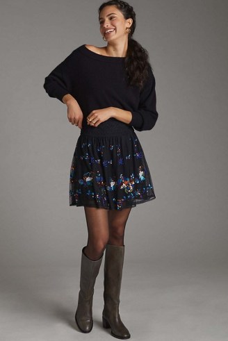 Anthropologie Sequined Tulle Mini Skirt in Black ~ sequin and bead embellished floral skirts ~ sequinned net overlay