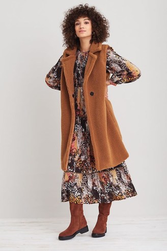 ANTHROPOLOGIE Faux-Shearling Gilet in Brown / womens longline textured gilets / women’s sleeveless winter jackets