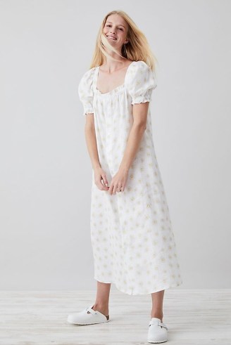 Sleeper Brigitte Midi Dress in White / daisy print puff sleeve linen dresses / square neck / feminine floral fashion - flipped