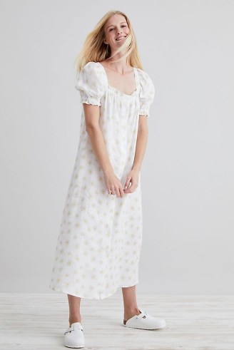 Sleeper Brigitte Midi Dress in White / daisy print puff sleeve linen dresses / square neck / feminine floral fashion