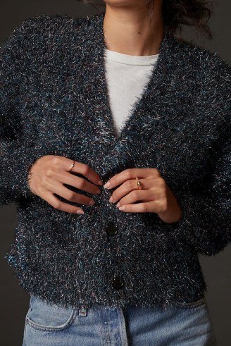 Anthropologie Tinsel Shimmer Cardigan in Blue | glittering metallic button front cardigans | sparkling winter knitwear - flipped