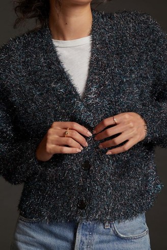 Anthropologie Tinsel Shimmer Cardigan in Blue | glittering metallic button front cardigans | sparkling winter knitwear