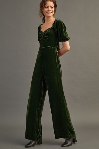 Anthropologie Velvet Puffed-Sleeve Jumpsuit in Olive | green sweetheart neckline short puff sleeved jumpsuits | tie detail open back - flipped
