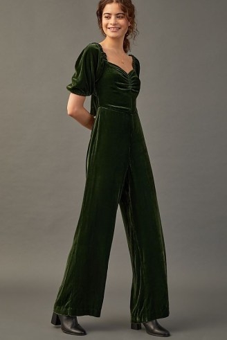 Anthropologie Velvet Puffed-Sleeve Jumpsuit in Olive | green sweetheart neckline short puff sleeved jumpsuits | tie detail open back