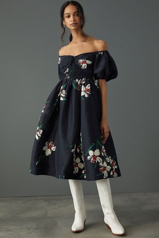 Hope For Flowers by Tracy Reese Off-The-Shoulder Midi Dress / floral fit and flare bardot dresses - flipped