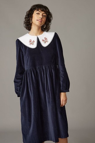 Meadows Pasque Midi Dress in Navy / dark blue velvet oversized collar dresses / floral collars - flipped