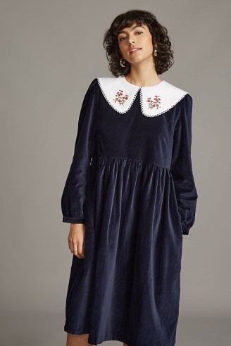 Meadows Pasque Midi Dress in Navy / dark blue velvet oversized collar dresses / floral collars