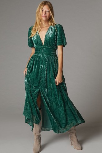 ANTHROPOLOGIE Burnout V-Neck Puff-Sleeved Midi Dress in Holly / green devoré plunge front dresses / bohemian evening fashion / boho occasion clothing - flipped