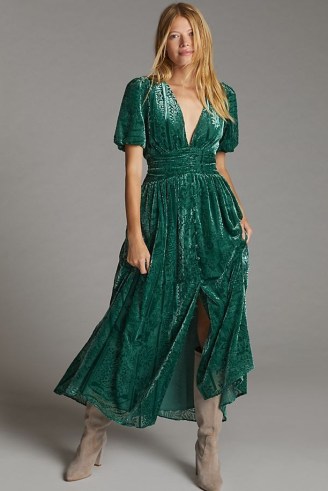 ANTHROPOLOGIE Burnout V-Neck Puff-Sleeved Midi Dress in Holly / green devoré plunge front dresses / bohemian evening fashion / boho occasion clothing