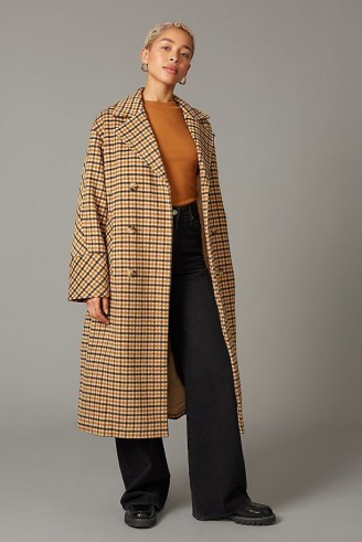 Selected Femme Ellen Check-Print Wool Coat in Sand / women’s neutral checked wide sleeve longline coats / chic womens winter outerwear - flipped