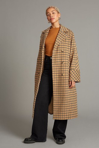 Selected Femme Ellen Check-Print Wool Coat in Sand / women’s neutral checked wide sleeve longline coats / chic womens winter outerwear