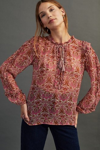 Moliin Stella Shirt in Violet / floral semi sheer shirts / tassel tie neck tops