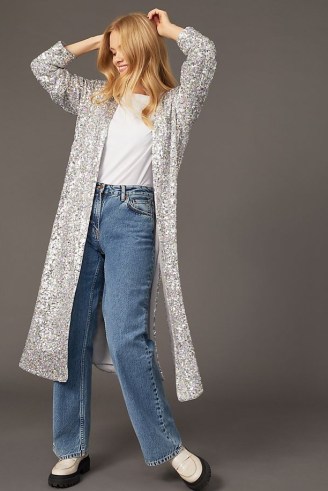 ANTHROPOLOGIE Sequinned Duster Jacket in Silver / shimmering longline open front sequin jackets - flipped