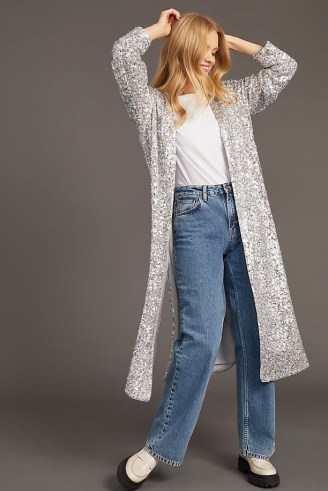 ANTHROPOLOGIE Sequinned Duster Jacket in Silver / shimmering longline open front sequin jackets