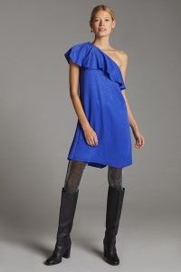 ANTHROPOLOGIE Ruffled One-Shoulder Mini Dress Blue – asymmetric ruffle neckline evening dresses – glamorous party fashion