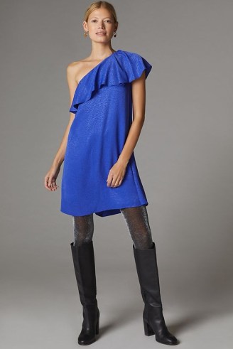 ANTHROPOLOGIE Ruffled One-Shoulder Mini Dress Blue – asymmetric ruffle neckline evening dresses – glamorous party fashion - flipped