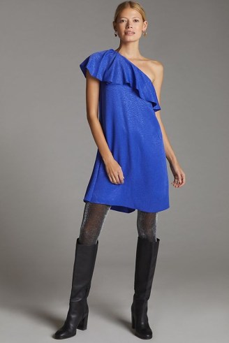 ANTHROPOLOGIE Ruffled One-Shoulder Mini Dress Blue – asymmetric ruffle neckline evening dresses – glamorous party fashion