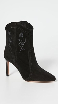 Ba&sh x Something Navy Caitlin Booties in Black Suede ~ floral embroidered western style stiletto heel ankle boots - flipped