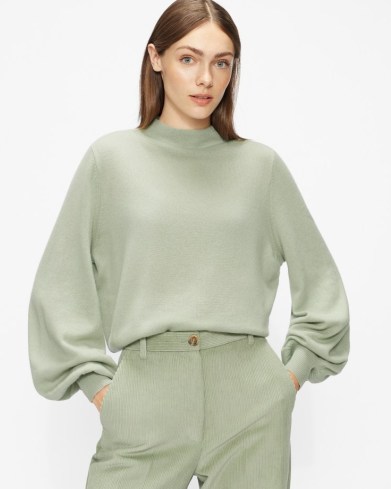 Ted Baker SHANO Balloon sleeve cashmere jumper in Mid Green | volume sleeved high neck jumpers | womens organic cashmere sweaters - flipped