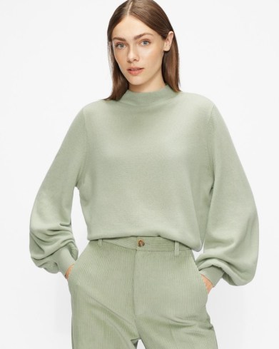 Ted Baker SHANO Balloon sleeve cashmere jumper in Mid Green | volume sleeved high neck jumpers | womens organic cashmere sweaters