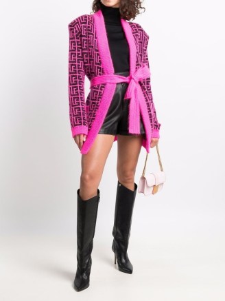 Balmain belted Monogram cardigan in hot pink / black ~ women’s designer logo cardigans ~ womens vibrant knitwear - flipped