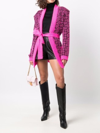 Balmain belted Monogram cardigan in hot pink / black ~ women’s designer logo cardigans ~ womens vibrant knitwear