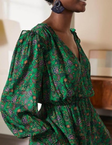 BODEN Becky Midi Wrap Dress Highland Green, Exotic Floral ~ ruffle shoulder paisley print dresses - flipped