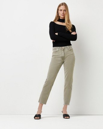 River Island BEIGE HIGH WAISTED STRAIGHT JEANS | cropped raw hem jeans | women’s Responsibly Sourced Cotton Denim fashion - flipped