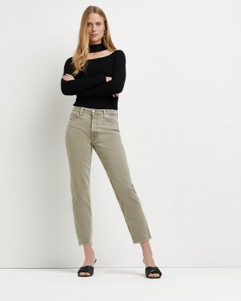 River Island BEIGE HIGH WAISTED STRAIGHT JEANS | cropped raw hem jeans | women’s Responsibly Sourced Cotton Denim fashion
