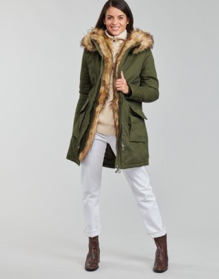Betty London PAKERETTE Parka Coat in Kaki ~ womens khaki green faux fur trim coats ~ women’s hooded outerwear ~ spartoo fashion