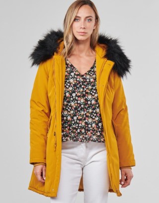 Betty London PAPAKA Parka Coat in Mustard ~ women’s yellow parkas ~ womens faux fur trim hooded coats ~ spartoo winter outerwear - flipped