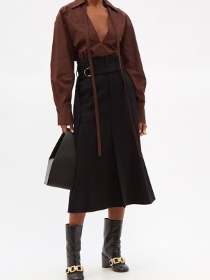 ANOTHER TOMORROW Belted high-rise cashmere midi skirt ~ chic black front split skirts - flipped