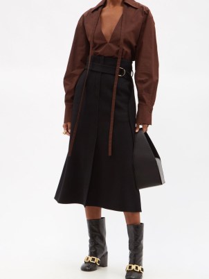 ANOTHER TOMORROW Belted high-rise cashmere midi skirt ~ chic black front split skirts