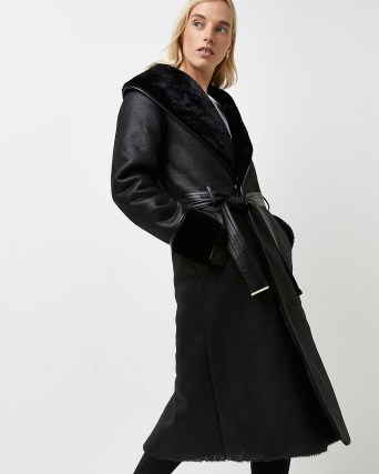 RIVER ISLAND Black belted trench coat ~ faux fur lined tie waist coats ~ womens winter outerwear - flipped